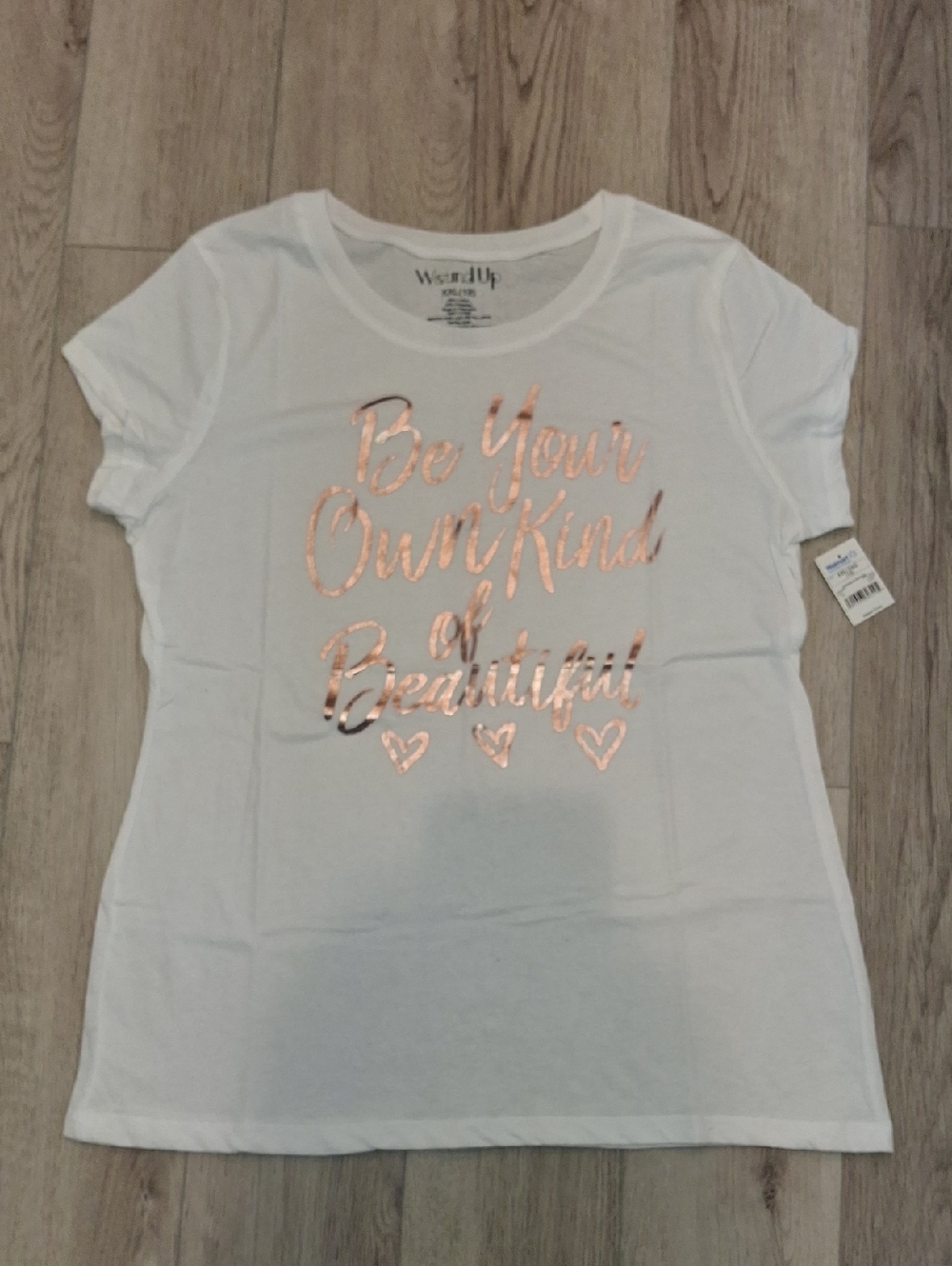 Wound Up White Short Sleeve Tee with Rose Gold Script